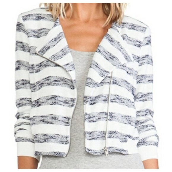 Sanctuary Asymmetric Zip Front Blue and White Striped Cropped Jacket Women's Lg - Picture 11 of 11